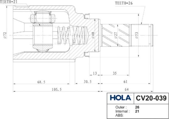 Hola CV20-039 - Каре комплект, полуоска vvparts.bg