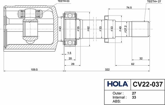 Hola CV22-037 - Каре комплект, полуоска vvparts.bg