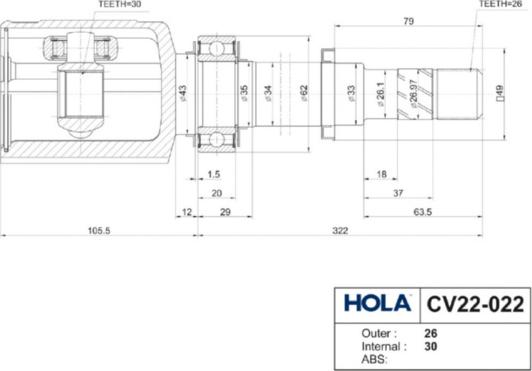 Hola CV22-022 - Каре комплект, полуоска vvparts.bg