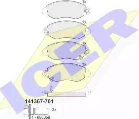 Icer 141367 - Комплект спирачно феродо, дискови спирачки vvparts.bg