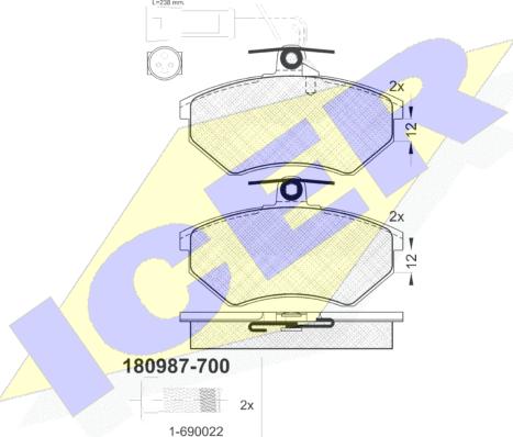 Icer 180987-700 - Комплект спирачно феродо, дискови спирачки vvparts.bg