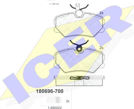 Icer 180696-700 - Комплект спирачно феродо, дискови спирачки vvparts.bg