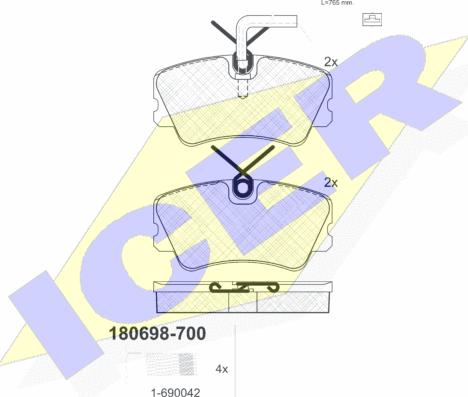 Icer 180698-700 - Комплект спирачно феродо, дискови спирачки vvparts.bg