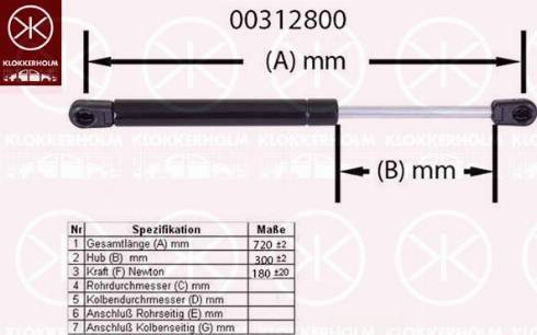 Klokkerholm 00312800 - Газов амортисьор, капак на двигателя vvparts.bg