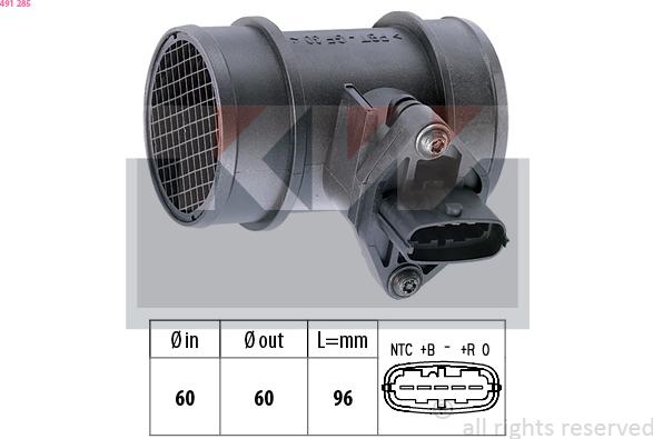 KW 491 285 - Въздухомер-измерител на масата на въздуха vvparts.bg