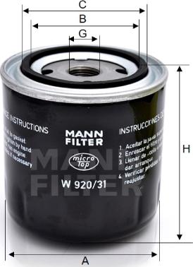 Mann-Filter W 920/31 - Маслен филтър vvparts.bg
