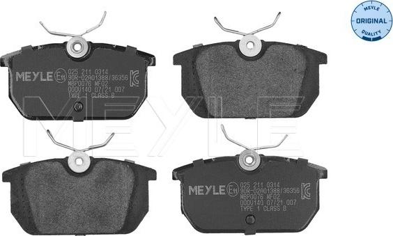 Meyle 025 211 0314 - Комплект спирачно феродо, дискови спирачки vvparts.bg