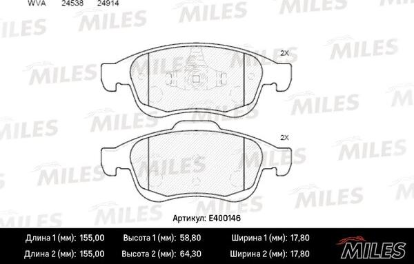 Miles E400146 - Комплект спирачно феродо, дискови спирачки vvparts.bg