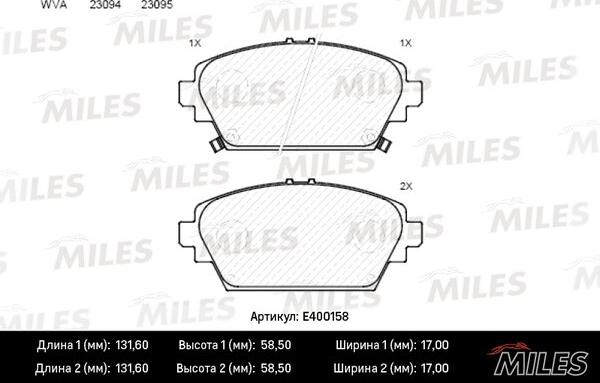 Miles E400158 - Комплект спирачно феродо, дискови спирачки vvparts.bg