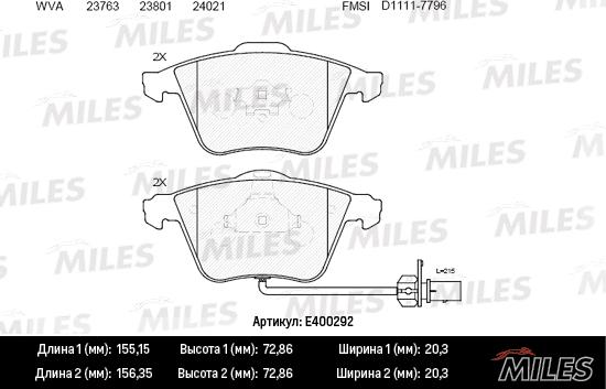 Miles E400292 - Комплект спирачно феродо, дискови спирачки vvparts.bg