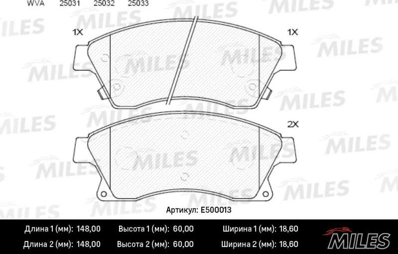 Miles E500013 - Комплект спирачно феродо, дискови спирачки vvparts.bg