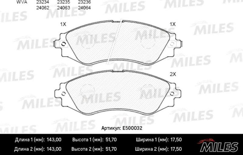 Miles E500032 - Комплект спирачно феродо, дискови спирачки vvparts.bg