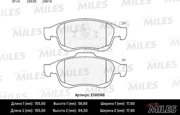 Miles E500146 - Комплект спирачно феродо, дискови спирачки vvparts.bg