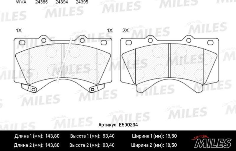 Miles E500234 - Комплект спирачно феродо, дискови спирачки vvparts.bg