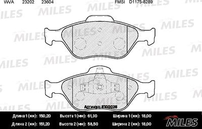 Miles E100026 - Комплект спирачно феродо, дискови спирачки vvparts.bg