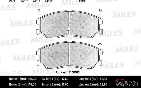 Miles E100103 - Комплект спирачно феродо, дискови спирачки vvparts.bg