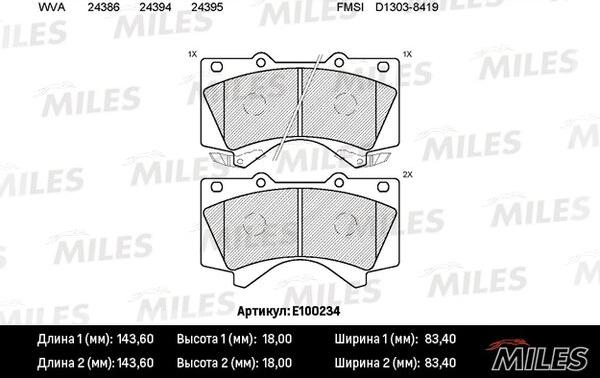 Miles E100234 - Комплект спирачно феродо, дискови спирачки vvparts.bg