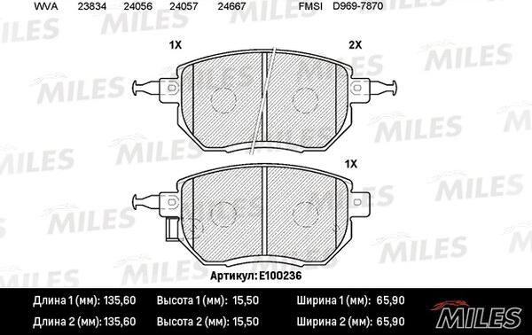 Miles E100236 - Комплект спирачно феродо, дискови спирачки vvparts.bg