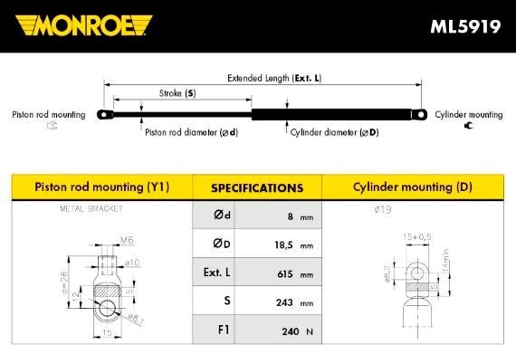 Monroe ML5919 - Газов амортисьор, капак на двигателя vvparts.bg