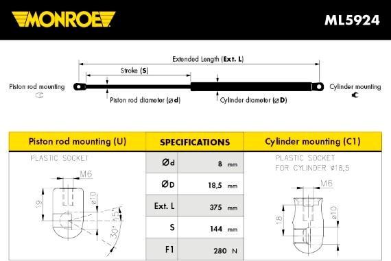 Monroe ML5924 - Газов амортисьор, капак на двигателя vvparts.bg