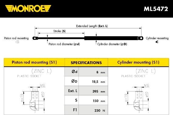 Monroe ML5472 - Газов амортисьор, капак на двигателя vvparts.bg