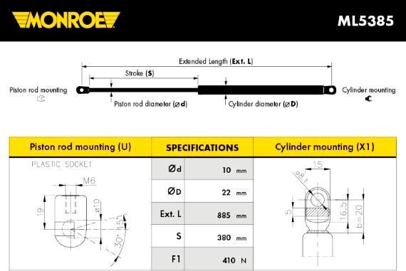 Monroe ML5385 - Газов амортисьор, капак на двигателя vvparts.bg