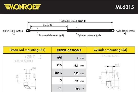 Monroe ML6315 - Газов амортисьор, багажно / товарно пространство vvparts.bg