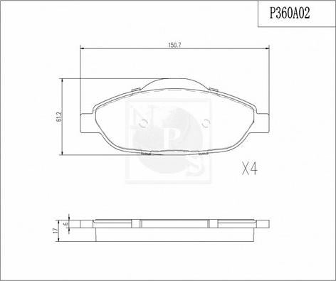 NPS P360A02 - Комплект спирачно феродо, дискови спирачки vvparts.bg