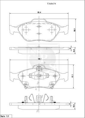 NPS T360A74 - Комплект спирачно феродо, дискови спирачки vvparts.bg