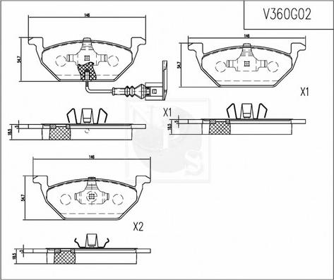 NPS V360G02 - Комплект спирачно феродо, дискови спирачки vvparts.bg