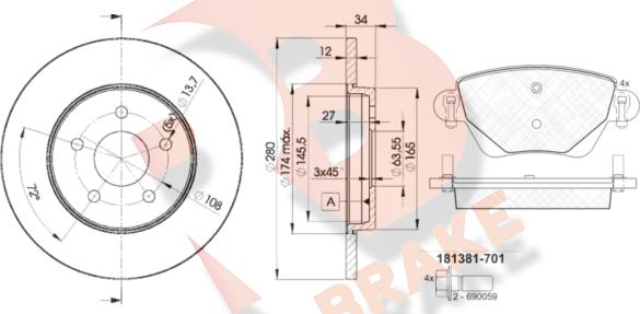 R Brake 3R13816768 - Спирачен комплект, дискови спирачки vvparts.bg