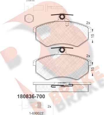 R Brake RB0836-700 - Комплект спирачно феродо, дискови спирачки vvparts.bg