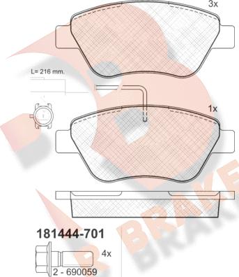 R Brake RB1444-701 - Комплект спирачно феродо, дискови спирачки vvparts.bg