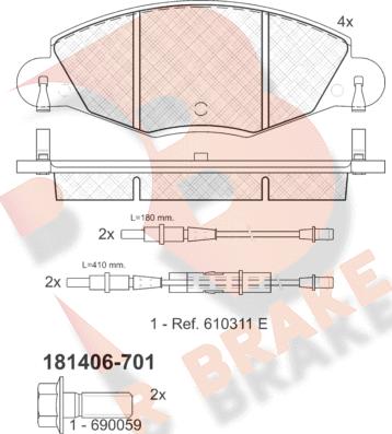 R Brake RB1406-701 - Комплект спирачно феродо, дискови спирачки vvparts.bg