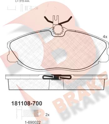 R Brake RB1108-700 - Комплект спирачно феродо, дискови спирачки vvparts.bg