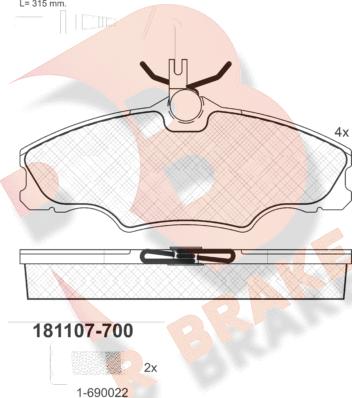 R Brake RB1107-700 - Комплект спирачно феродо, дискови спирачки vvparts.bg