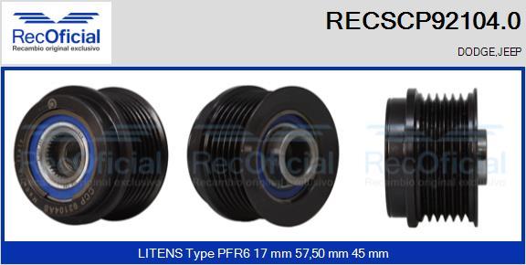 RECOFICIAL RECSCP92104.0 - Ремъчна шайба, генератор vvparts.bg