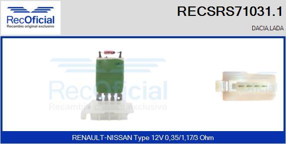 RECOFICIAL RECSRS71031.1 - Съпротивление, вентилатор за вътрешно пространство vvparts.bg