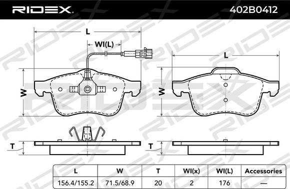 RIDEX 402B0412 - Комплект спирачно феродо, дискови спирачки vvparts.bg
