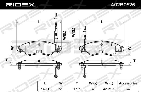 RIDEX 402B0526 - Комплект спирачно феродо, дискови спирачки vvparts.bg