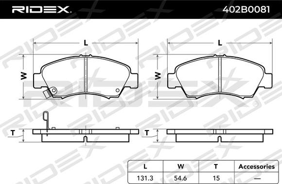 RIDEX 402B0081 - Комплект спирачно феродо, дискови спирачки vvparts.bg