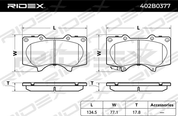 RIDEX 402B0377 - Комплект спирачно феродо, дискови спирачки vvparts.bg