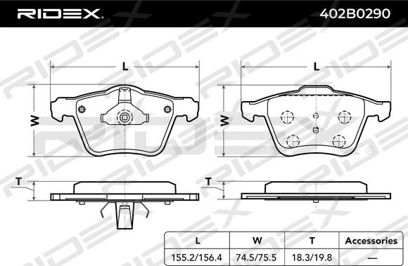 RIDEX 402B0290 - Комплект спирачно феродо, дискови спирачки vvparts.bg