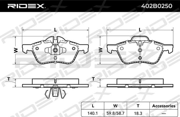 RIDEX 402B0250 - Комплект спирачно феродо, дискови спирачки vvparts.bg