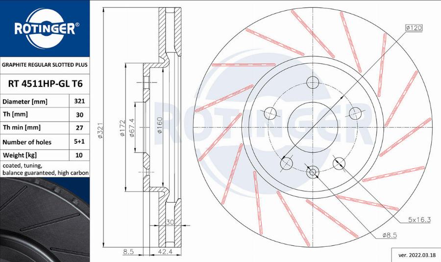 Rotinger RT 4511HP-GL T6 - Спирачен диск vvparts.bg