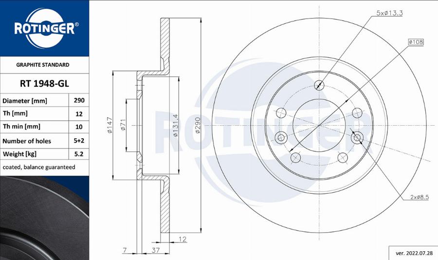 Rotinger RT 1948-GL - Спирачен диск vvparts.bg