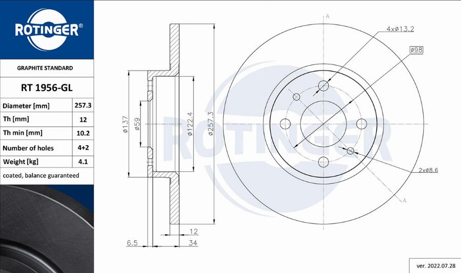 Rotinger RT 1956-GL - Спирачен диск vvparts.bg