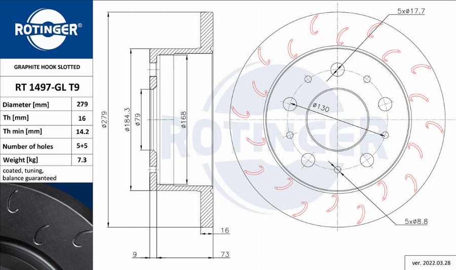 Rotinger RT 1497-GL T9 - Спирачен диск vvparts.bg