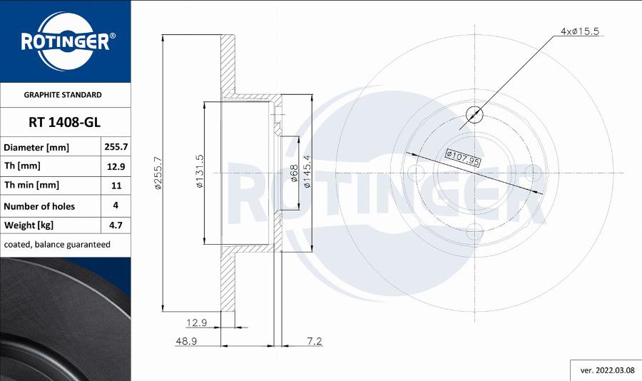 Rotinger RT 1408-GL - Спирачен диск vvparts.bg