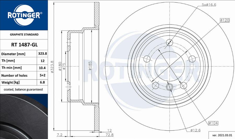 Rotinger RT 1487-GL - Спирачен диск vvparts.bg